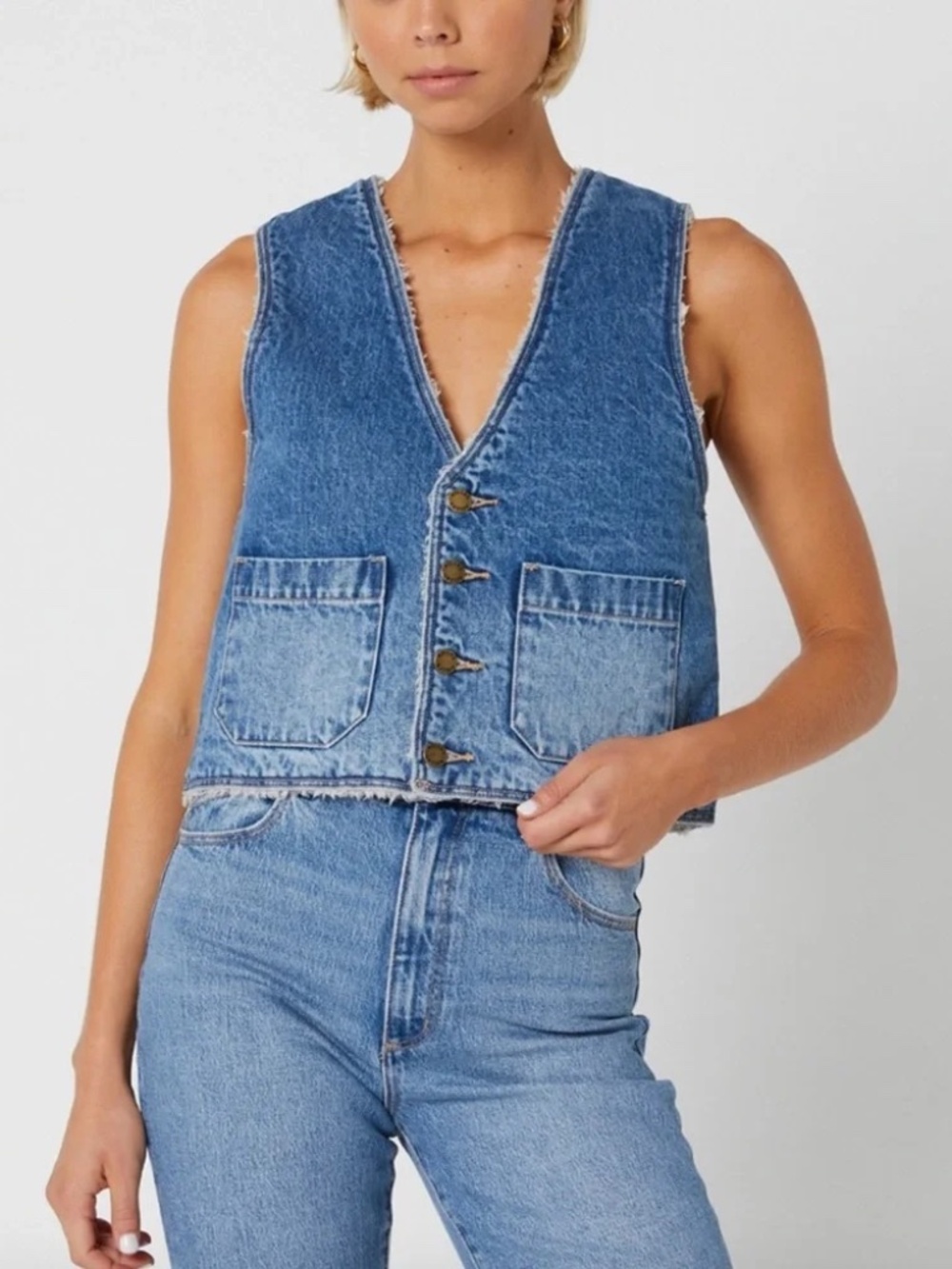 Rollas Stevie Blue Denim Sherpa Button Up Vest Blue XS